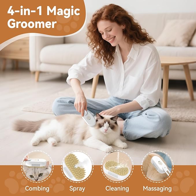 TOOLIAR 4 in 1 Pet Steam Brush for Shedding,Rechargeable cat brushes for indoor cats,Quiet Detangling Brush for Long Haired Cats and Dogs(White)