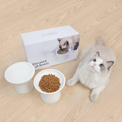 CEEFU 2 Elevated Ceramic Cat Bowls Extra Wide for Food & Water – Whisker Fatigue Shallow Food Dish, Lead & Cadmium-Free, Raised Height for Cats and Dogs, Two Different Depth Bowls, White