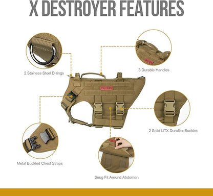 OneTigris Large Tactical Dog Harness, No Pulling Adjustable Dog Vest Harness, Heavy Duty Dog Harness with Handle, Large Hook and Loop Panels for Patch(Brown,S)
