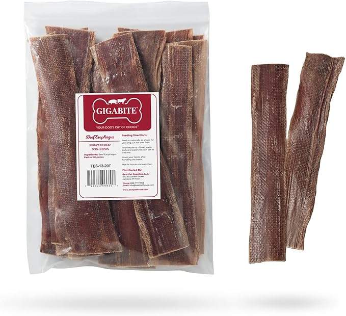 GigaBite Single Ingredient All Natural Free Range Bully Treats and Chews - Bully Sticks/Bladder Sticks/Beef Esophagus by Best Pet Supplies - Esophagus Strips (10 inch), Pack of 18