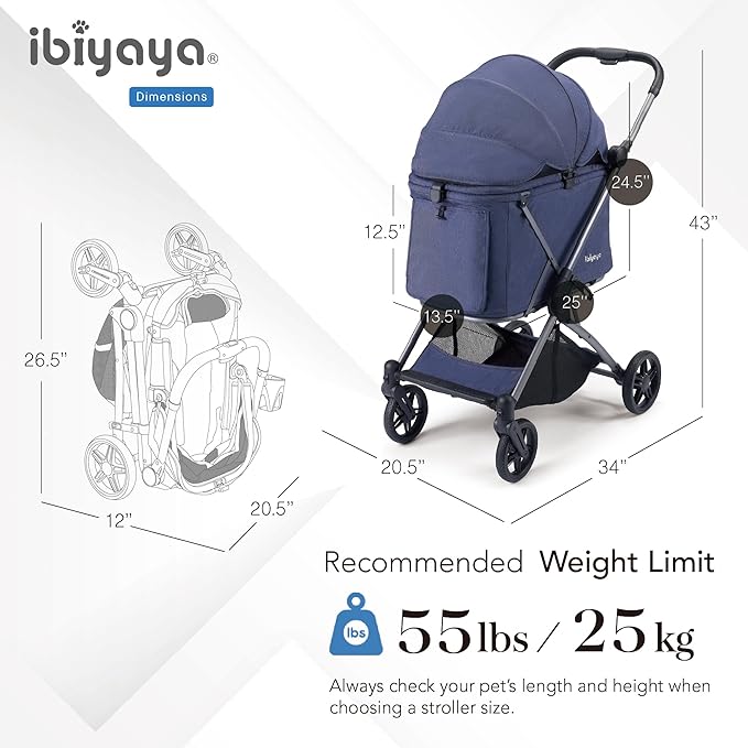 ibiyaya Maxi Deep Carriage Pet Stroller for Cats and Small Dogs – Flat-Free Rubber Wheels, One-Hand Fold, Extra-Tall Cabin (Royal Blue)