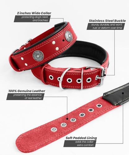 Leather Dog Collar, 2 inches Wide Heavy Duty Genuine Leather Collars, Handmade, Soft, and Luxury, Eye-catching Best Choice for Large and Medium Breed Dogs, Red 15-19 ins