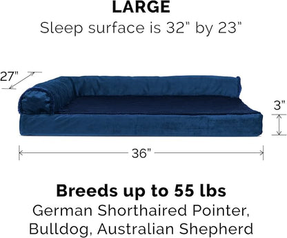 Furhaven Orthopedic Dog Bed for Large/Medium Dogs w/ Removable Bolsters & Washable Cover, For Dogs Up to 55 lbs - Plush & Velvet L Shaped Chaise - Deep Sapphire, Large