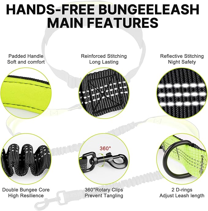 Hands Free Dog Leash for Medium Large Dogs, Waist Support Padded Bungee Dog Running Leash with Reflective Stitching for Walks, Jogging, Running, Hiking, and Dog Training