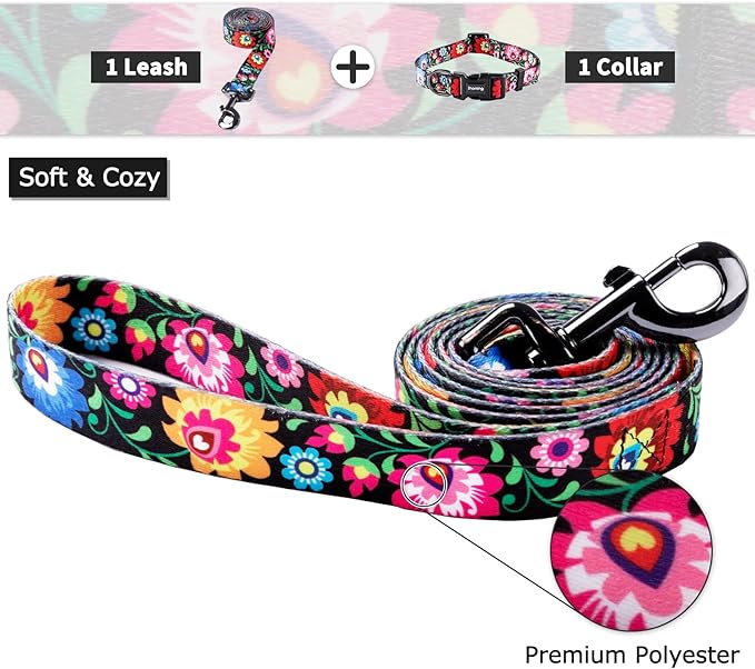 Ihoming Dog Collar and Leash Set for Daily Outdoor Walking Running Training, Black Colorful Flowers Design for Large Boys Girls Dogs Cats Pets, L-Up to 80LBS
