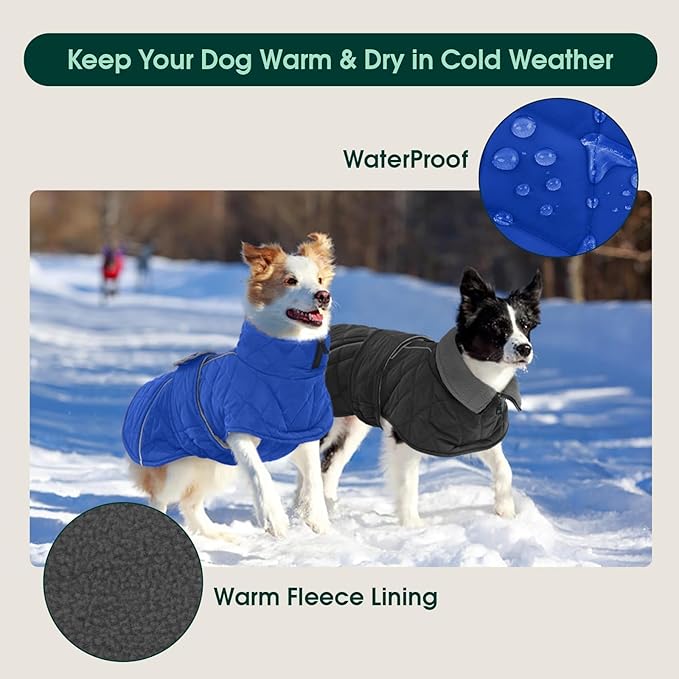 Kuoser Dog Jacket Warm Fleece Lined Dog Coats for Small Dogs, Waterproof Pet Coat Reflective Puppy Snowsuit with Harness Hole for Cold Weather Walking Hiking, Quilted Dogs Winter Vest, Blue, S