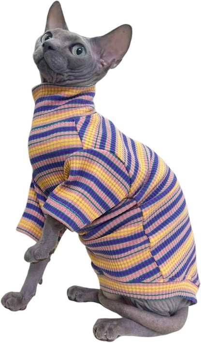 Turtle Neck Vintage Stripes Sphynx Hairless Cat Cotton T-Shirts Pet Clothes Vest Kitten Shirts Sleeveless, Cats & Small Dogs Apparel (Rose Garden, XXL (13-16 lbs))