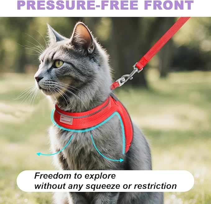 Cat Harness and Leash Set,Escape Proof Kitten Harness,Step in Adjustable Soft Lightweight,Easy Control,Reflective Strips Comfortable for Walking Travel(Red,S)