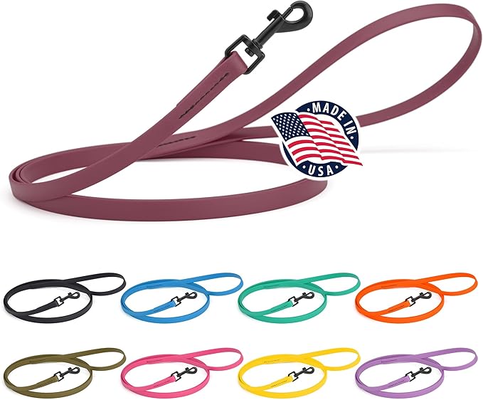 Dogline Biothane Waterproof Dog Leash Strong Coated Nylon Webbing with Black Hardware Odor-Proof Easy to Clean High Performance for Small or Large Dogs Made in USA 4 or 6 ft Lead, Merlot Burgundy