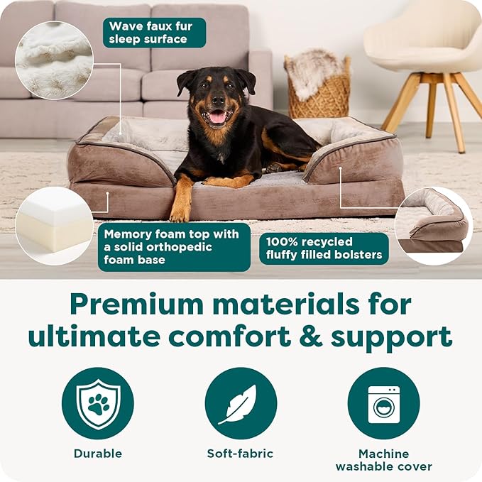 Furhaven Memory Foam Dog Bed for Large Dogs w/ Removable Bolsters & Washable Cover, For Dogs Up to 95 lbs - Plush & Velvet Waves Perfect Comfort Sofa - Brownstone, Jumbo/XL