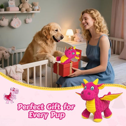 BBeary Squeaky Dog Toys - Soft Plush Dragon Dog Toy with 5 Squeakers & Crinkle Paper, Dog Toys for Small, Medium and Large Dogs (Pink,10")