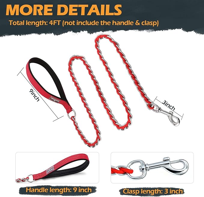 Dog Leash Chew Proof, Chain Leash Anti Chew Dog Leash for Large Dogs Heavy Duty, Indestructible Metal Leash Anti Bite Chain Link with Woven Cord Soft Padded Handle (Red, 4FT)