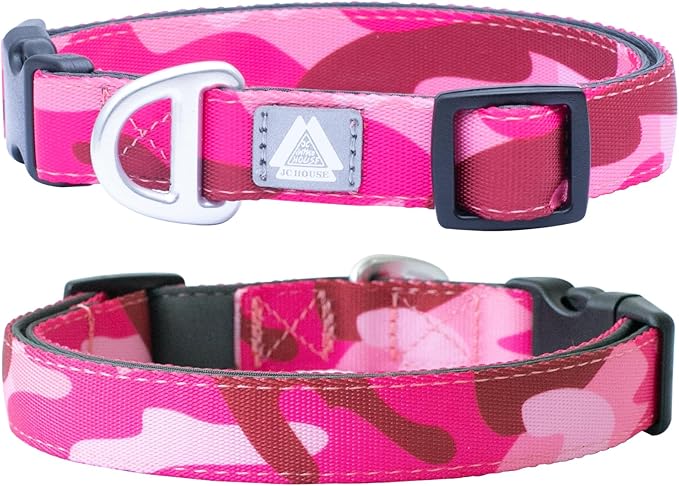 Soft Padded Dog Collar, Neck 9’’-14’’, Adjustable Heavy Duty Collar with 3M Reflective Logo for Small Dogs, Camo Pink, S