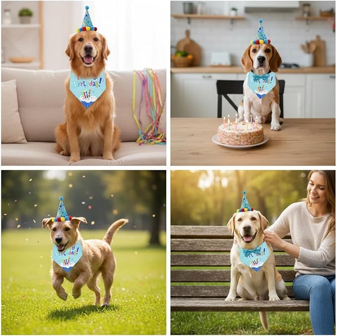 Pet Birthday Party Set with Hat and Bandana for Dogs and Cats with Star Pattern Design, Adjustable Sequin Bow tie Accessories, Blue Birthday Boy Scarf (Blue)