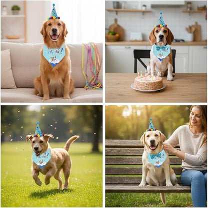 Pet Birthday Party Set with Hat and Bandana for Dogs and Cats with Star Pattern Design, Adjustable Sequin Bow tie Accessories, Blue Birthday Boy Scarf (Blue)