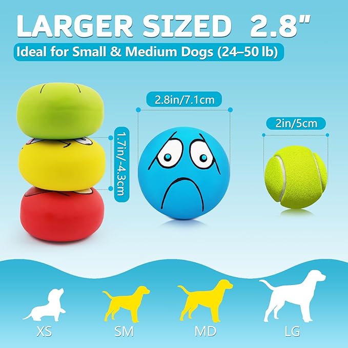 HDSX 4 Pack 2.8" Smiley Face Squeaky Dog Toys Soft Dog Balls Latex Rubber Squeak Dog Toys for Small Medium Puppy Pet Dogs (Flat Ball)