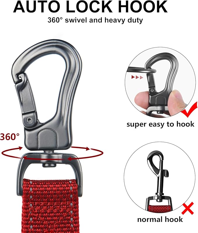 TwoEar 6FT 1IN Strong Red Dog Leash with 2 Padded Handles, Traffic Handle Extra Control, Comfortable Soft Dual Handle, Auto Lock Hook, Reflective Walking Lead for Small Medium and Large Dogs