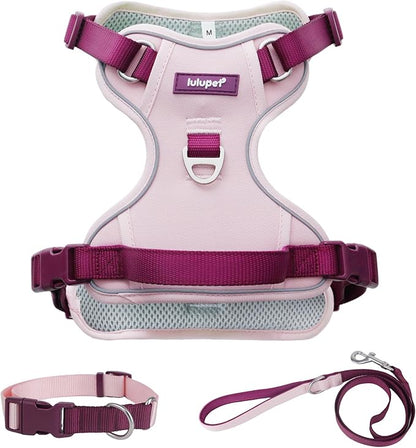 No Pull Dog Harness Leash and Collar Set, Soft Adjustable Dogs Vest Reflective and Comfortable Handle Pink Small