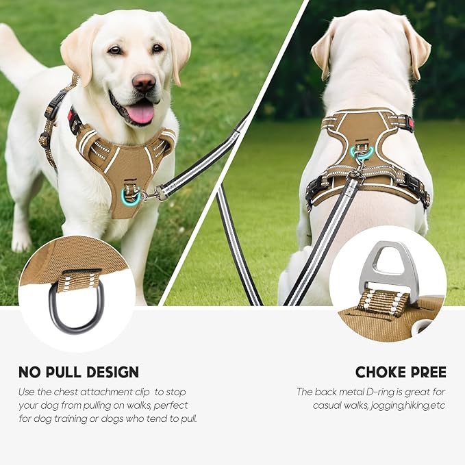 Timos Dog Harness Medium Sized, No Pull Pet Harness with Neck Lockable Snap,No Choke Front Clip Dog Reflective Vest,Adjustable Metal Rings 3 Buckles,Easy Control Handle for Medium Dogs Khaki M