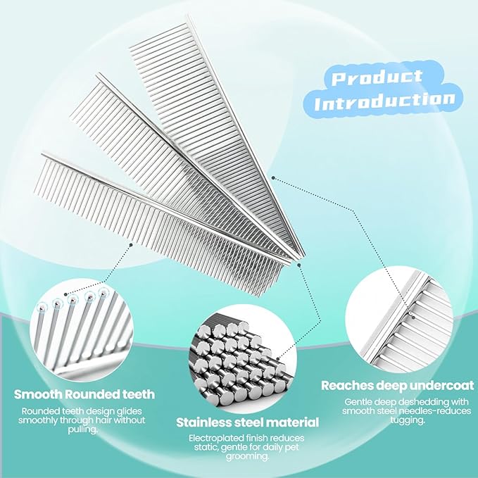 MEDUWEDU [3 Pack] Stainless Steel Pet Comb Set – Grooming Combs for Dogs & Cats, Large Medium Small Sizes – for Long, Short, Curly Hair, Detangling Matted or Knotted Undercoat Hair