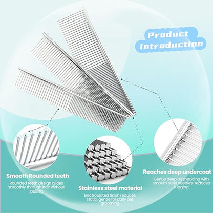 MEDUWEDU [3 Pack] Stainless Steel Pet Comb Set – Grooming Combs for Dogs & Cats, Large Medium Small Sizes – for Long, Short, Curly Hair, Detangling Matted or Knotted Undercoat Hair