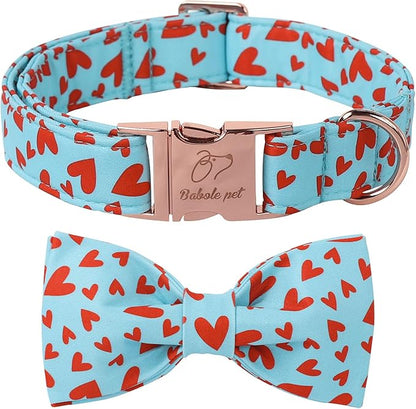 Valentines Dog Collar with Bow Tie - Red Heart Pattern Blue Bowtie Dog Collar Adjustable Heavy Duty Valentines Dog Collars for Small Medium Large Dogs XS