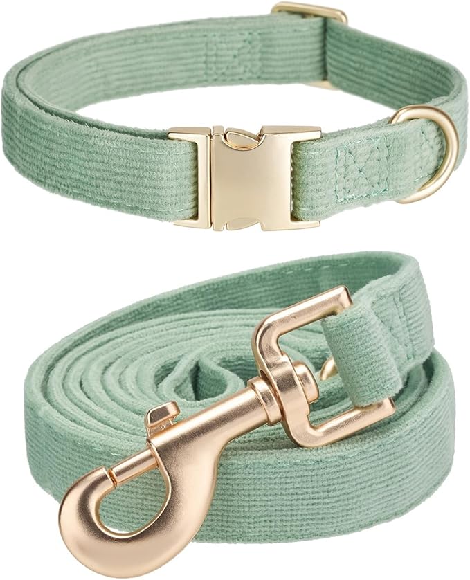 Ewinoom Soft Corduroy Dog Collar and Leash Set Adjustable Durable Dog Collars with Metal Buckle and Lead for Large Dogs,Grass Green