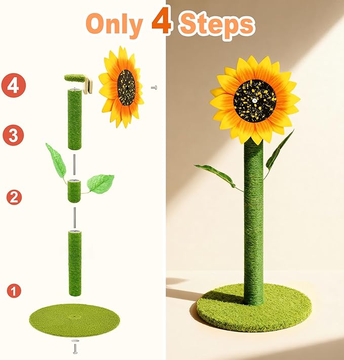 MOYMO Sunflower Cat Scratching Post & Interactive Toy | 38" Tall Scratcher with Rotating Flower Top for Indoor Cats, from Kittens to Large Adults