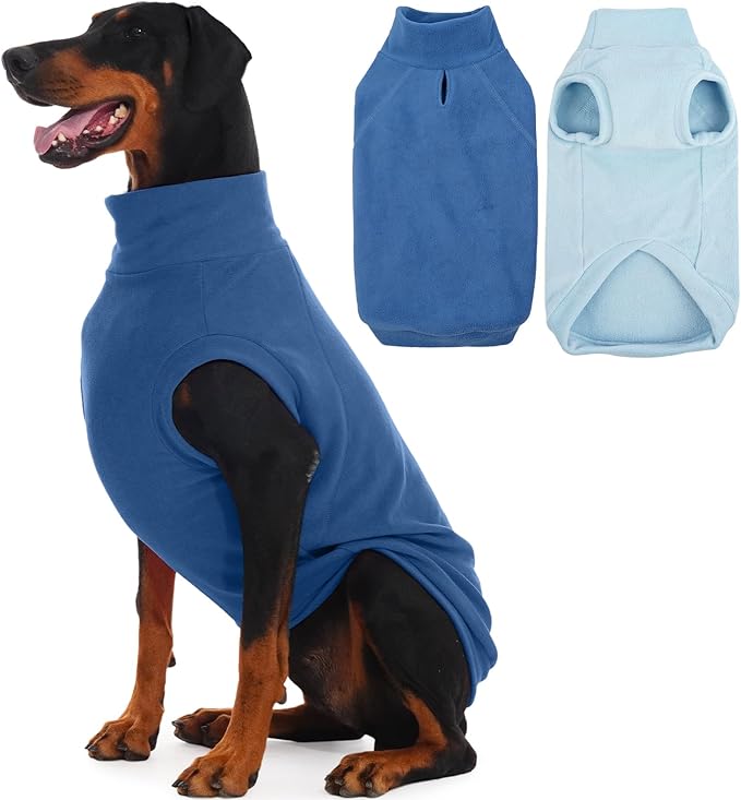 IECOii 2 Pack 5XL Large Dogs Fleece Sweater Stretchy Soft Vest Coat for Cold Weather, Warm Sweatshirts with Leash Hole, Machine Washable,Indoor Outdoor (Size 5XL, Dark Blue & Light Blue)