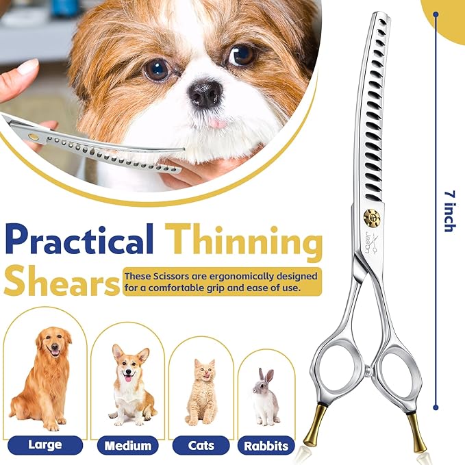JASON Dog Scissors for Grooming - 7" Up-curved Chunker Shears with 65%-70% Thinning Rate, Professional Japanese 440C Stainless Steel Dog Grooming Chunkers with Adjustable Screw (18 Teeth, Silver) Gift