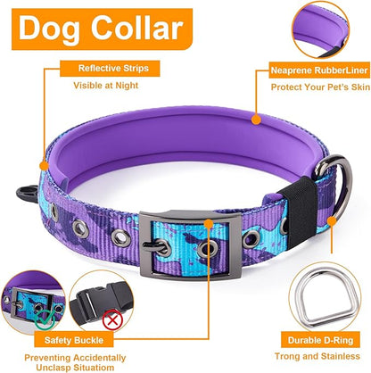 Annchwool No Pull Dog Harness,Heavy Duty Collar & Leash Set-Leash with Double Handle & Car Seatbelt Clip-Easy Control for Walking Training Medium Large Size Dogs(Camo Purple,S)