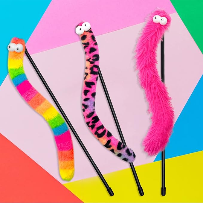 Lepawit 3 Pack Cat Wand Toy, Rainbow Cat Feather Toys with Bells, Teaser Wand with Soft Furry Tail, Interactive Toys for Indoor Cats & Kitten & Kitty