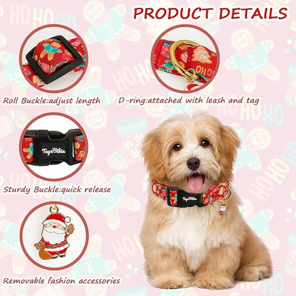 Christmas Dog Collar for Small Dogs, Adjustable Red Small Dog Collars with Gingerbread Man Pattern, Cute Dog Christmas Collar for Dogs, Winter Holiday Dog Collar for Girl Boy Dog-S
