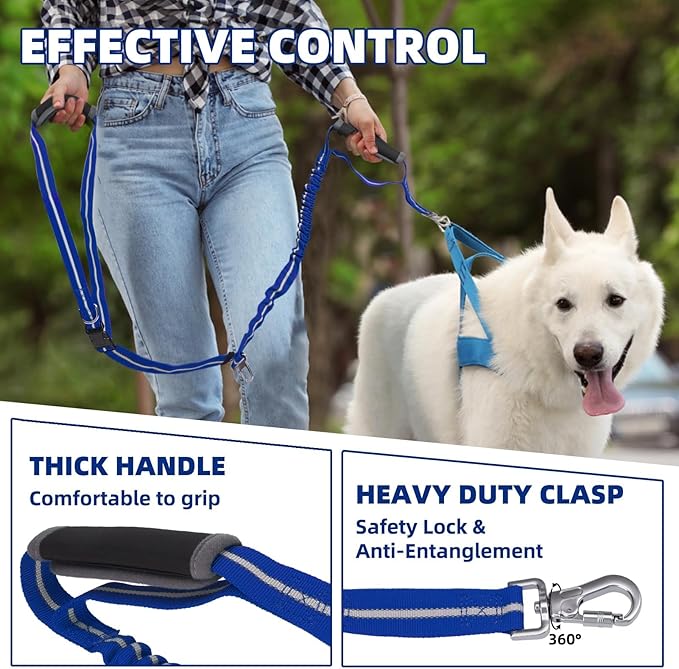 PUPTECK Heavy Duty Bungee Leash for Medium Large Dogs, No Pull Tactical Dog Leash with Double Handles for Training, Reflective with Car Seatbelt and Quick Release Buckle, Blue