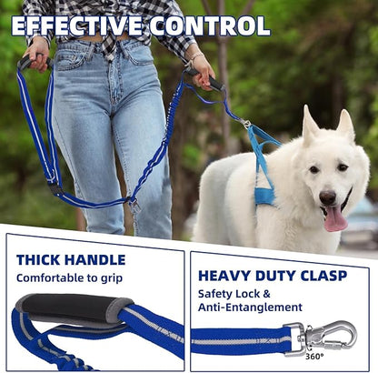 PUPTECK Heavy Duty Bungee Leash for Medium Large Dogs, No Pull Tactical Dog Leash with Double Handles for Training, Reflective with Car Seatbelt and Quick Release Buckle, Blue