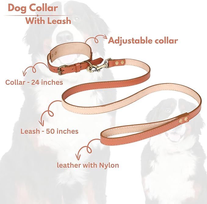 Lightnpro Leather & Nylon Dog Collar & Leash Set - 18" Adjustable Collar with Metal Buckle + Durable Leash - Heavy-Duty Walking & Training Gear for German Shepherds, Saint Bernards & Large Breeds