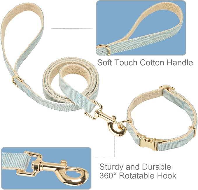 Ewinoom Soft Hemp Dog Collar and Leash Set Adjustable Woven Tweed Dog Collars with Metal Buckle and Lead for Small Medium Large Dogs,Blue
