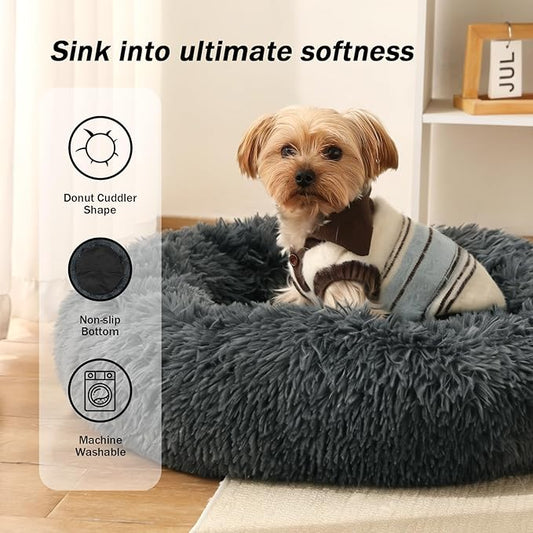 NOYAL Calming Donut Dog Bed for Small to Medium Dogs & Cats - Plush Faux Fur Anti-Anxiety Pet Bed with Machine Washable Cover & Non-Slip Base
