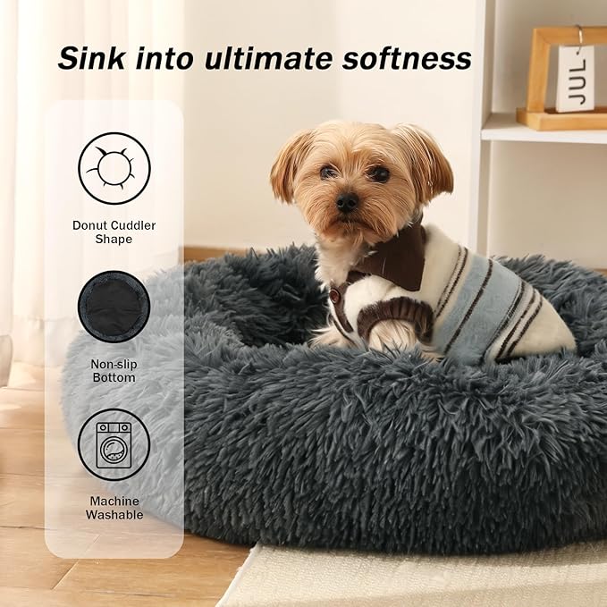 NOYAL Calming Donut Dog Bed for Small to Medium Dogs & Cats - Plush Faux Fur Anti-Anxiety Pet Bed with Machine Washable Cover & Non-Slip Base
