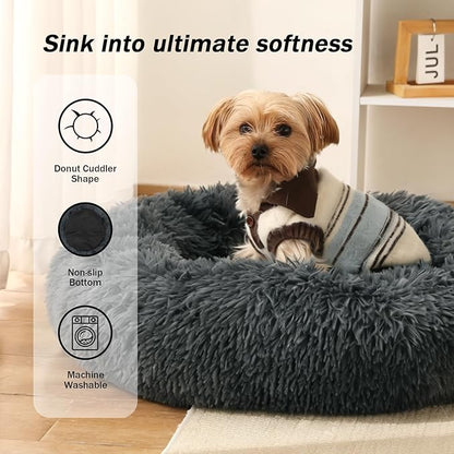 NOYAL Calming Donut Dog Bed for Small to Medium Dogs & Cats - Plush Faux Fur Anti-Anxiety Pet Bed with Machine Washable Cover & Non-Slip Base