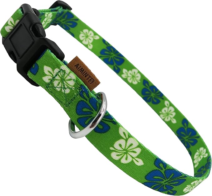 Dog Collar, Cute Floral Pattern, Soft and Adjustable Collar with Quick Release Buckle (L (Neck 16-28", Width 1"), Hawaiian Green)