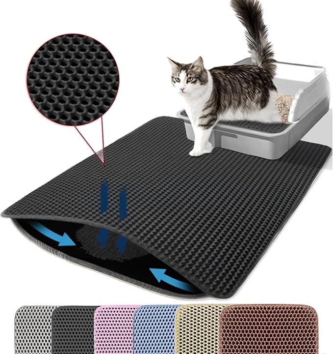 Petinstinct Small Cat Litter Mat, 20x14’’ Double Layer Honeycomb Cat Litter Box Mat, Non Slip Waterproof Urine Proof Litter Trapping Mat for Floor, Kitty Litter Pad, Indoor Pet Supplies, Black