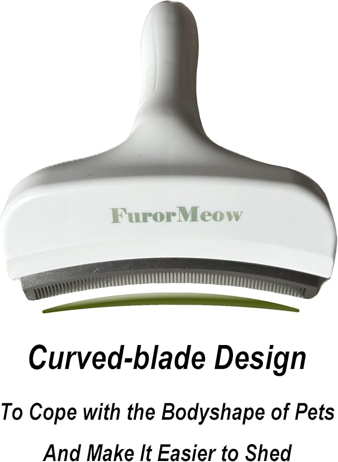 FurorMeow Pet Deshedding Tool with Curve Blade, Cat Grooming Brush, Tight V-shaped Teeth Shedding Comb for Cats and Dogs (White, Large)