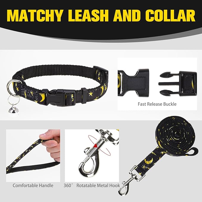 EXPAWLORER Small Dog Harness and Leash Set - Cute Puppy Harness Leash Dog Collar with AirTag Holder Silicone Case, Soft Padded Step in Pet Vest Reflective for Outdoor Walking, Star-Moon M