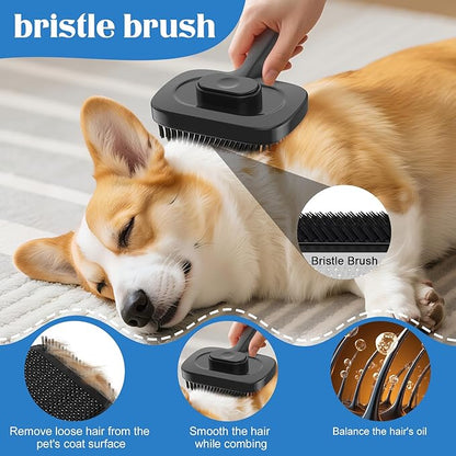 GracePals Self Cleaning Dog Brush for Shedding - Bristle Brush and Long/Short Needles Design, Skin Friendly, Slicker Deshedding Dog Brush, Hair Removal for Long & Short Haired Pets (Black)
