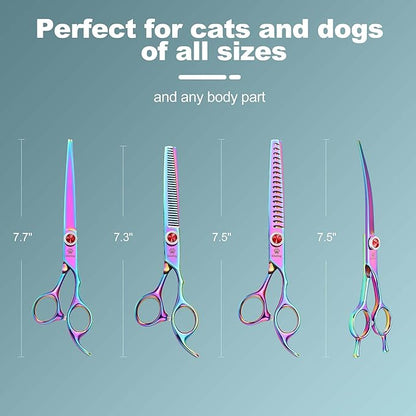 GLADOG Pro Rainbow 7 Inch Professional Pet Grooming Scissors Kit, 6-in-1 Dog Scissors, Titanium Coated, Stainless Steel, Right Handed, 5 Count