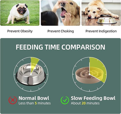 Ceramic 1.2 Cup Raised Slow Feeder Dog Bowl Set, Elevated 6.1inch Bowl and 7.3inch Puzzle Slow Food Dish with Wooden Stand for Medium and Small Dog, Anti-Gulping (2 x Brown Coffee+ Stand)