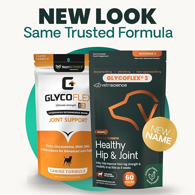 VetriScience Extra Strength Healthy Hip & Joint Chews, GlycoFlex Glucosamine & Green-Lipped Mussel Support Supplement for Dogs, Promote Mobility & Soothe Joint Discomfort, Chicken, 3 Pack