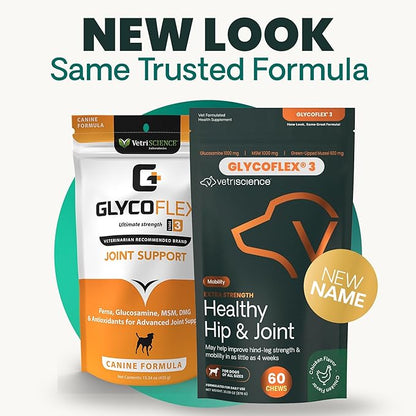 VetriScience Extra Strength Healthy Hip & Joint Chews, GlycoFlex Glucosamine & Green-Lipped Mussel Support Supplement for Dogs, Promote Mobility & Soothe Joint Discomfort, Chicken, 3 Pack