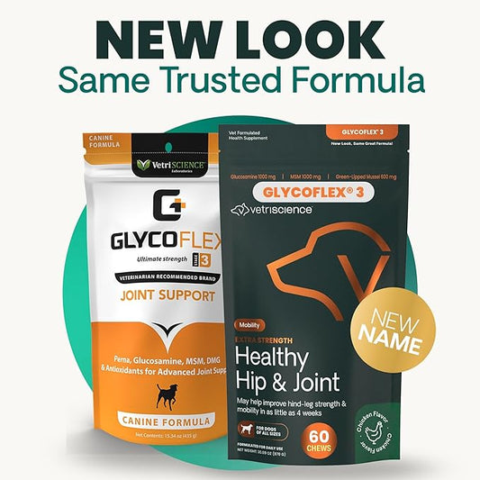 VetriScience Extra Strength Healthy Hip & Joint Chews, GlycoFlex Glucosamine & Green-Lipped Mussel Support Supplement for Dogs, Promote Mobility & Soothe Joint Discomfort, Chicken, 3 Pack